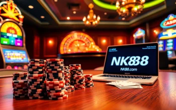 Exciting poker game setup with NK88.com displaying on a laptop among casino chips and cards.